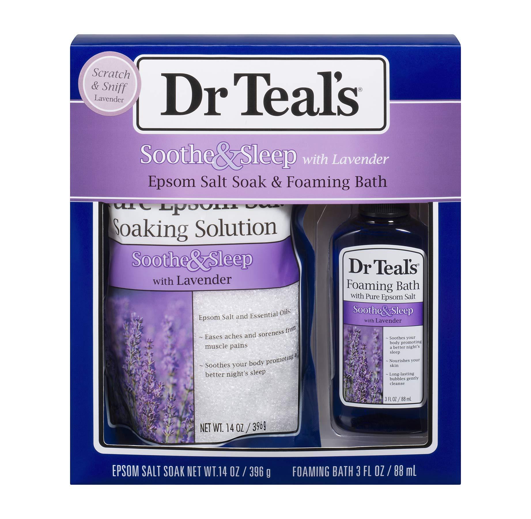 Dr Teal's Lavender Epsom Salt & Foaming Bath Oil Sampler Gift Set 2022 - Give The Gift of Relaxation & Peaceful Slumber! - 14 oz Bag of Lavender Bath Salts & 3 oz Bottle of Lavender Foaming Bath Oil